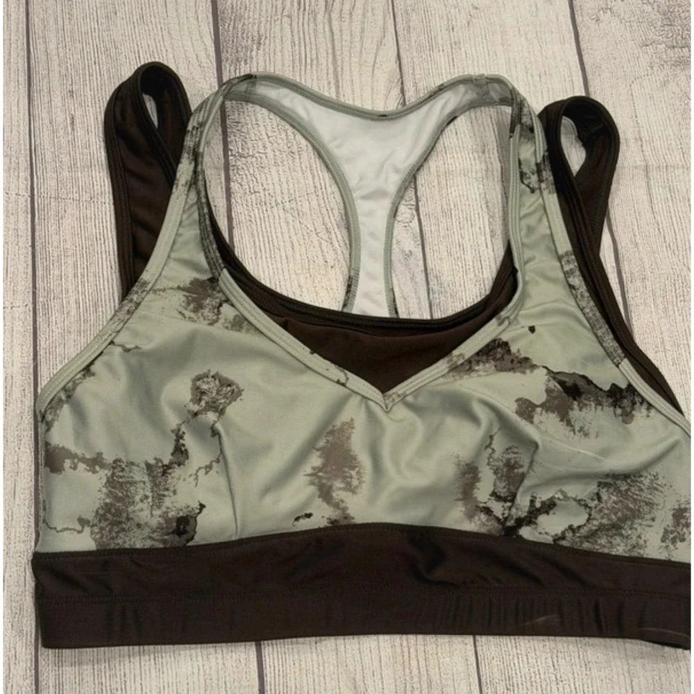 Sage Green Brown Marble Print Layered Racerback Sports Bra Lg Support Womens